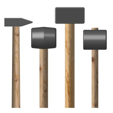 Beyaz arka planda izole edilmiş farklı çekiçler. Çalışma aracının element tasarımı. Üst görünüm, vektör illüstrasyonu.