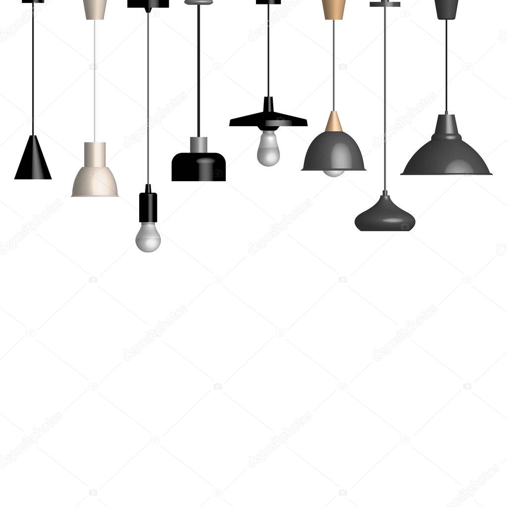 Set of various lamps and fixtures isolated on a white background. Front view, vector illustration.