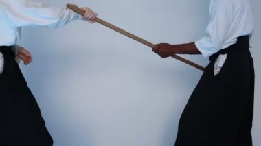 İki Kişilik siyah hakama Aikido dövüş sanatları eğitimi uygulama.