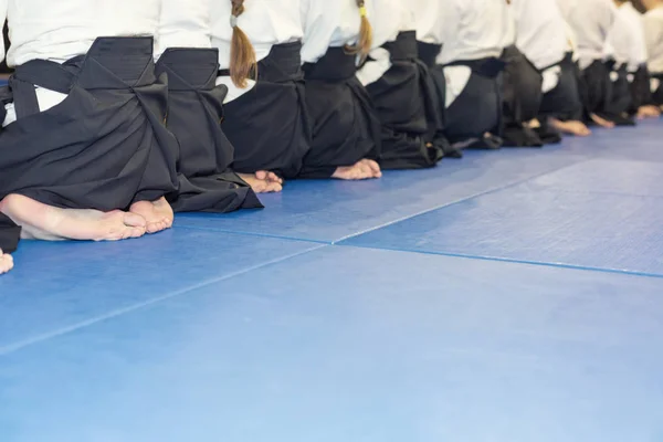 Persone in kimono e hakama seduti in una lunga fila sul seminario di formazione di arti marziali — Foto Stock