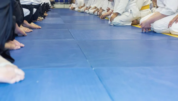 옷과 hakama 무술 훈련 세미나에 긴 줄에 앉아 있는 사람들 — 스톡 사진