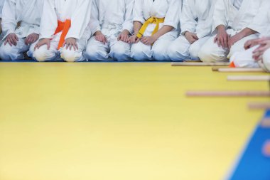 Kimono tatami dövüş sanatları seminer üzerinde oturan çocuklarda