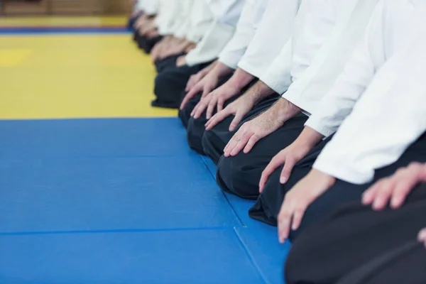 Les gens en kimono et hakama assis dans une longue file d'attente sur les arts martiaux séminaire de formation — Photo