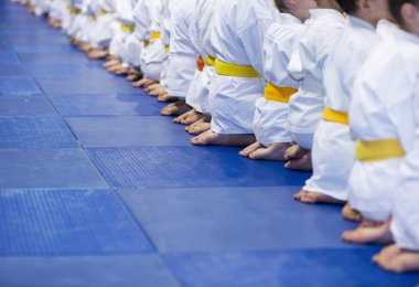 Kimono tatami üzerinde oturan çocuklarda grup