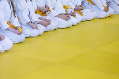 Kimono tatami üzerinde oturan çocuklarda grup