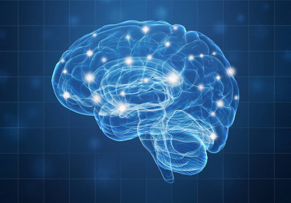 A human brain on blue background