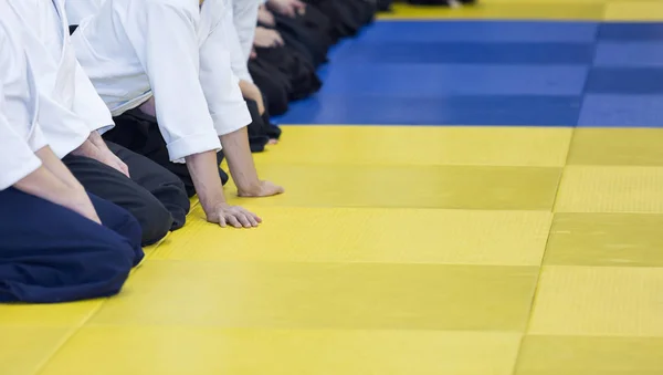 Ludzie w kimono i hakama na trening seminarium sztuk walki — Zdjęcie stockowe