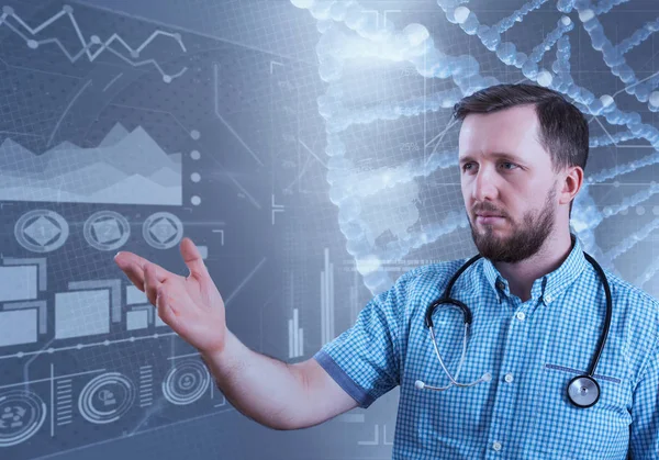 Médico masculino e interfaz de computadora virtual en ilustración 3D — Foto de Stock