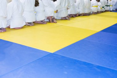 Kimono tatami üzerinde oturan çocuklarda grup