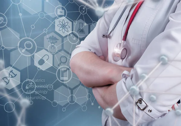 Bir kadın doktor ve 3d resimde sanal bilgisayar arabirimi