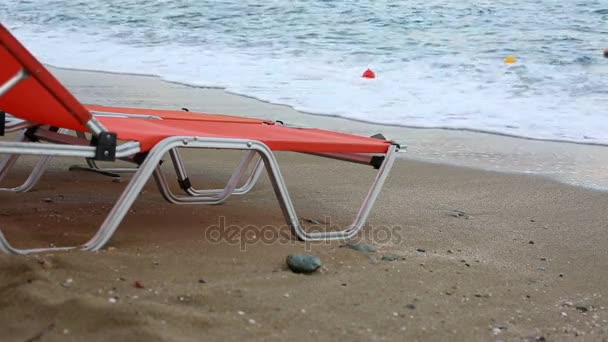 Empty sunbeds on a beach — Stock Video