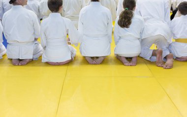 İnsanlar uzun bir çizgi tatami üzerinde oturan kimono içinde