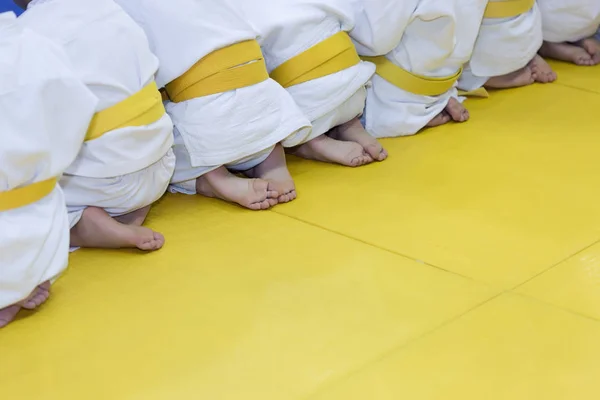 Groupe d'enfants en kimono assis sur tatami — Photo