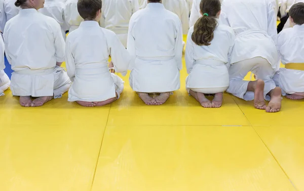 İnsanlar uzun bir çizgi tatami üzerinde oturan kimono içinde — Stok fotoğraf