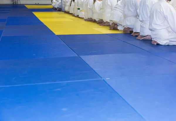 Les gens en kimono assis dans une longue file sur tatami — Photo