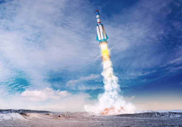 Nave espacial cohete despega. Técnica mixta con elementos de ilustración 3D — Foto de Stock