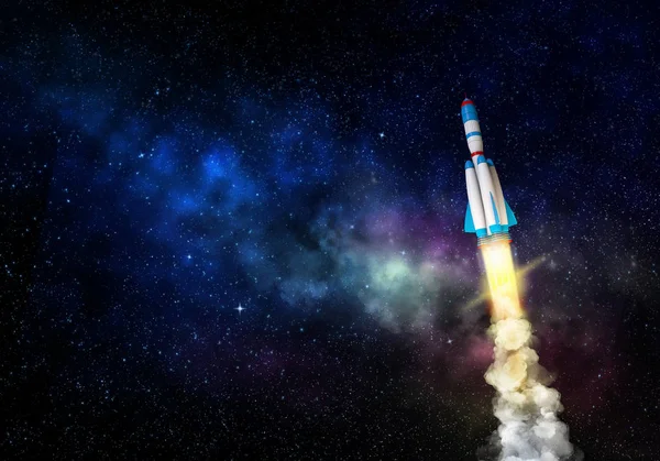Nave espacial cohete despega. Técnica mixta con elementos de ilustración 3D — Foto de Stock