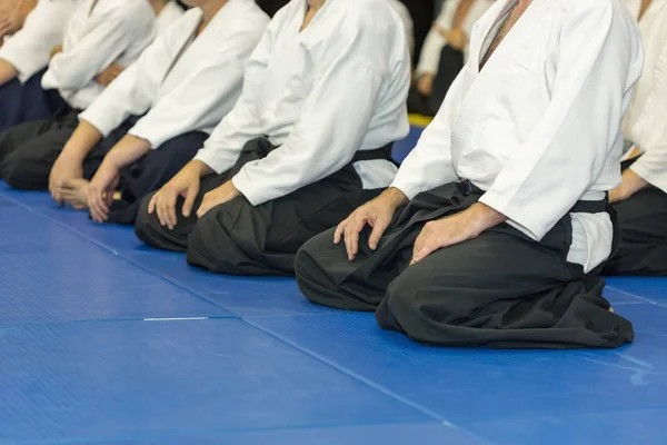 Pessoas em quimono e hakama no seminário de formação em artes marciais — Fotografia de Stock