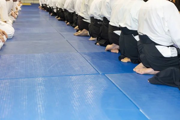 Personas en kimono y hakama en el seminario de formación en artes marciales — Foto de Stock