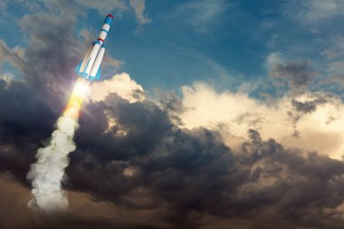 Roket uzay gemisi yüksekten uçuyor. 3d resimde unsurlar ile karışık teknik