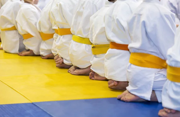 Grupp barn i kimono sitter på tatami — Stockfoto