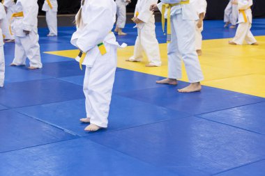 Tatami dövüş sanatları eğitimi üzerinde ısınma kimono çocuklarda