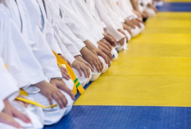 Kimono tatami üzerinde oturan çocuklarda grup