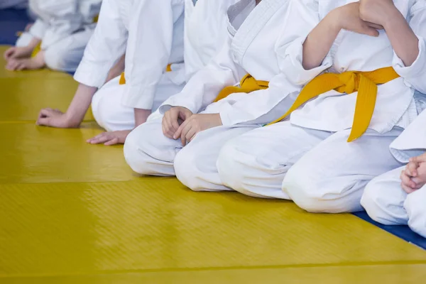 Grupo de crianças em quimono sentado no tatami — Fotografia de Stock