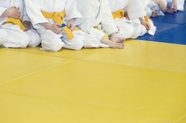 Kimono tatami üzerinde oturan çocuklarda grup
