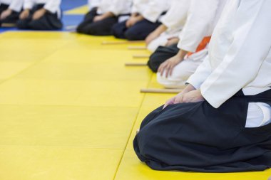 Kimonolu insanlar dövüş sanatları silah eğitimi semineri veriyor.