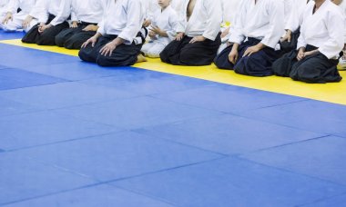 Kimono ve hakama giymiş insanlar dövüş sanatları eğitimi alıyorlar.