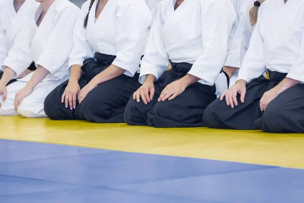 Menschen in Kimono und Hakama beim Kampfkunsttraining — Stockfoto