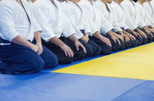 Pessoas em quimono e hakama em treinamento de artes marciais — Fotografia de Stock