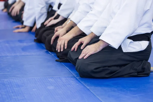 Människor i kimono och hakama på kampsport utbildning — Stockfoto