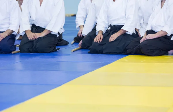 Människor i kimono och hakama på kampsport utbildning — Stockfoto