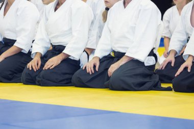 Kimono ve hakama giymiş insanlar dövüş sanatları eğitimi alıyorlar.