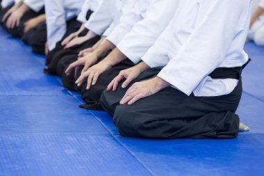 Kimono ve hakama giymiş insanlar dövüş sanatları eğitimi alıyorlar.