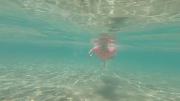 Маленька дівчинка з маскою плаває в морі — стокове відео