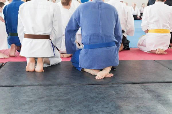 Personas en kimono y hakama en entrenamiento de artes marciales — Foto de Stock