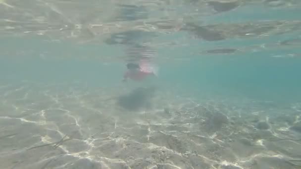 Маленькая девочка в маске плавает в море — стоковое видео