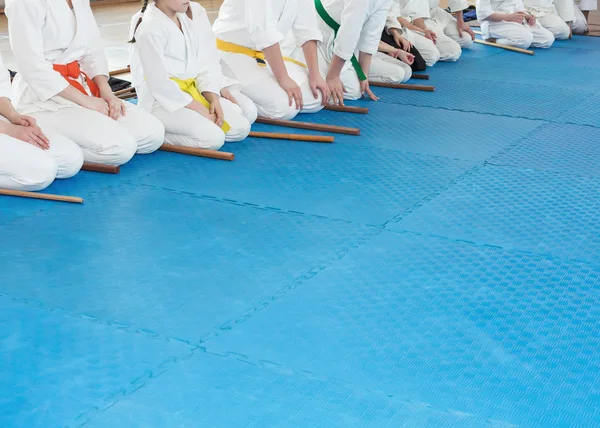 People in kimono on martial arts weapon training seminar — Stock Photo, Image