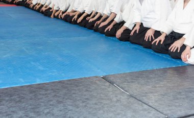 Kimono ve hakama giymiş insanlar dövüş sanatları eğitimi alıyorlar.