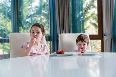 Evde taze olgun çilek yiyen tatlı çocuklar.