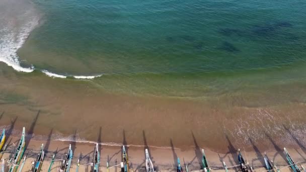 Традиционные шри-ланкийские рыболовные лодки на пляже. Запись с беспилотника — стоковое видео