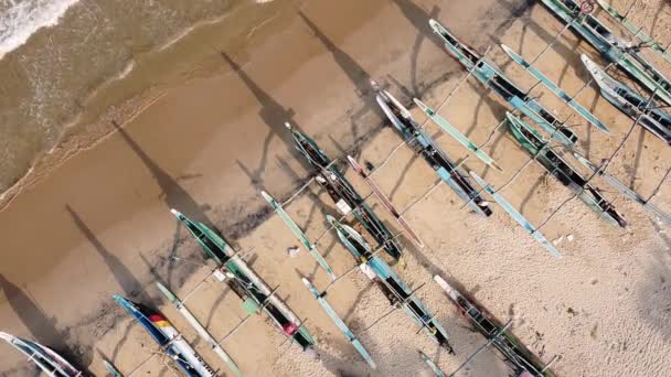 Barche da pesca tradizionali dello Sri Lanka sulla spiaggia. Filmati di droni aerei — Video Stock