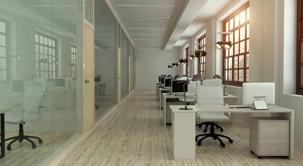 Widok z przodu wnętrza biura z dużymi oknami i szereg jasnych drewnianych stołów. 3d renderowanie — Zdjęcie stockowe