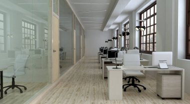 Ofisin önü geniş pencereli ve bir sıra hafif ahşap masalı. 3d oluşturma