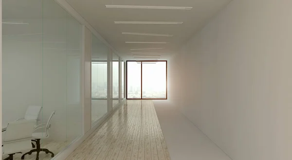 O corredor no escritório moderno com salas de conferências e grande parede em branco contra. Renderização 3d — Fotografia de Stock