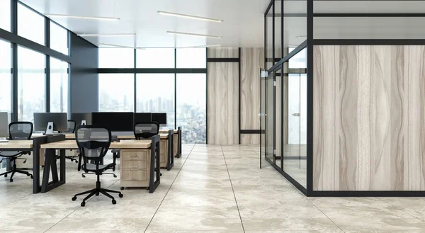 A modern, nyitott irodai belső tér fából készült falakkal és panorámás ablakokkal, városképpel és szürke és fából készült asztalokkal. 3D-s renderelés — Stock Fotó