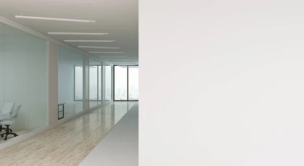Modern ofisin koridorunda konferans odaları ve karşısında büyük boş bir duvar var. 3d oluşturma — Stok fotoğraf